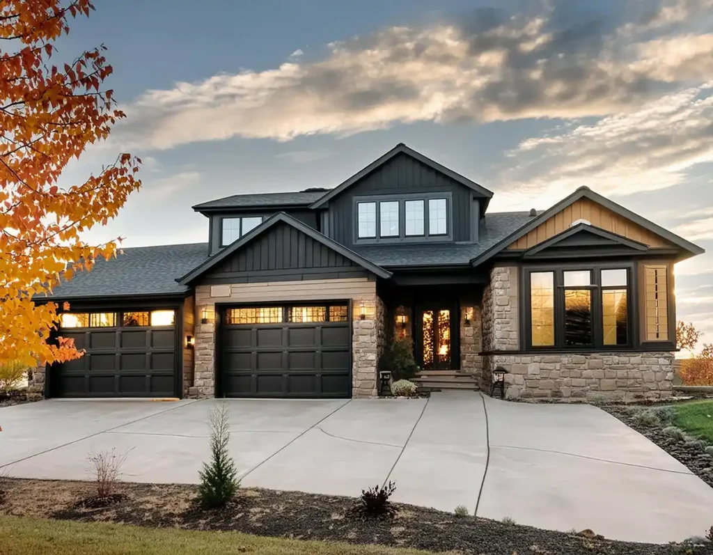 AI-generated image of a modern farmhouse in Colorado during the sunset.