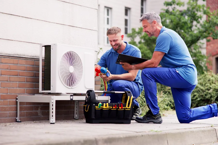 HVAC technicians installing an air conditioner and ensuring the coolant levels are correct.