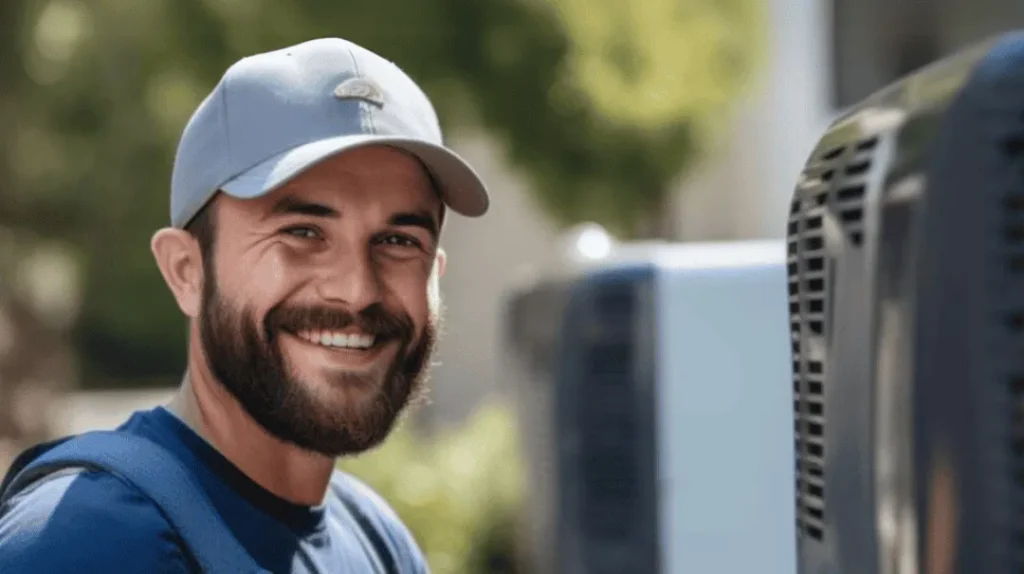 HVAC Technician Smiling outside in front of air conditioner