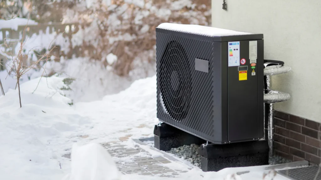 HVAC Heat Pump on Side of Building in Winter