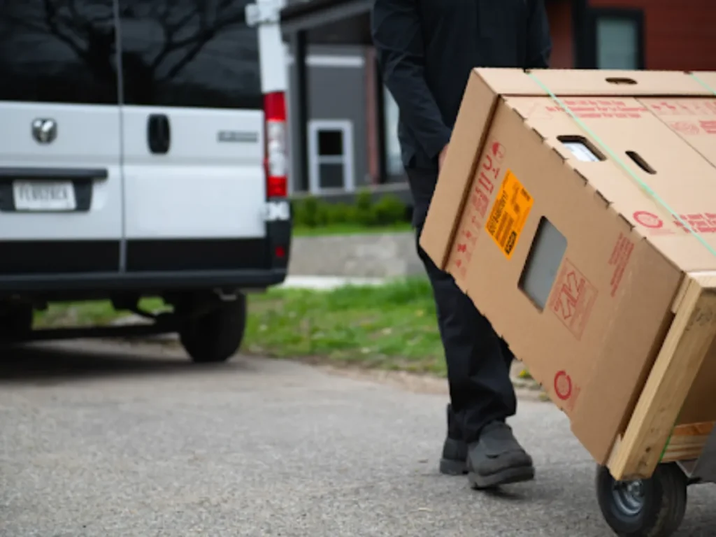 Technician moving hvac equipment on a dolly