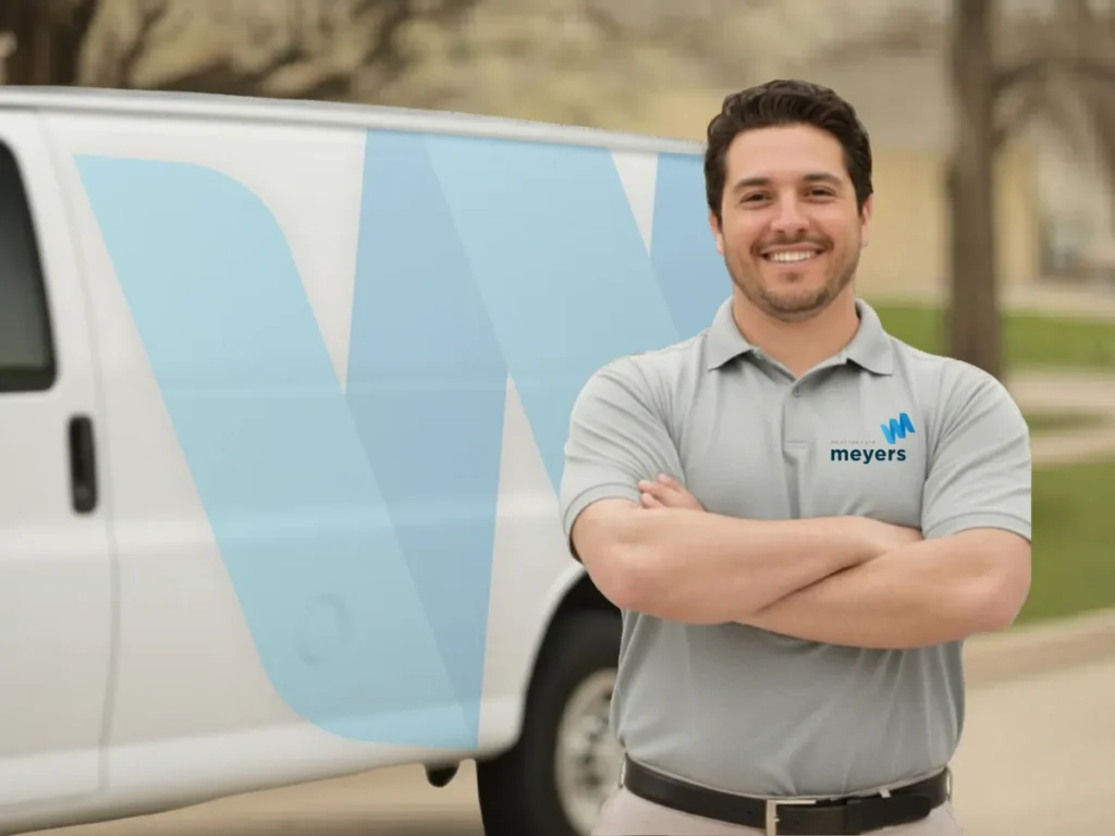Technician smiling in front of work van.