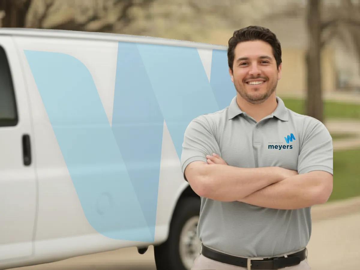 Technician smiling in front of work van.