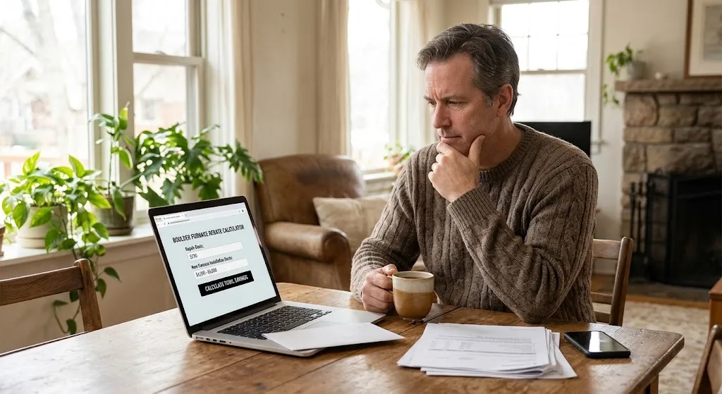 A thoughtful Boulder homeowner in a cozy living room comparing a furnace repair estimate against replacement costs.