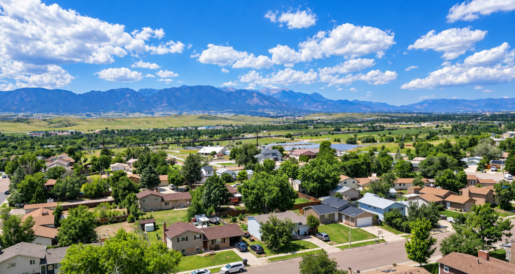 Panoramic view of Fountain sunlit suburbs beneath blue mountain skies in southern Colorado